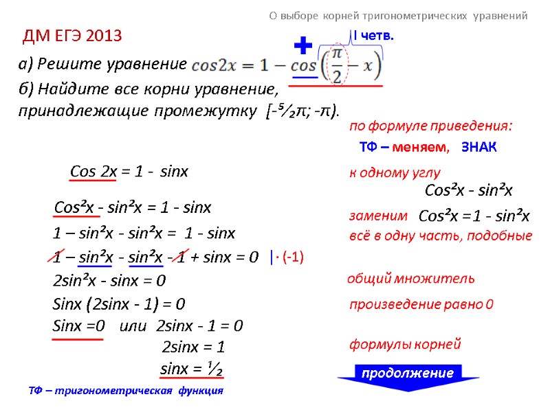 О выборе корней тригонометрических уравнений a) Решите уравнение б) Найдите все корни уравнение, принадлежащие